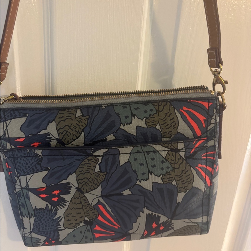 Fossil Blue and Red Crossbody Bag with Floral Print